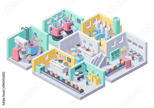 Isometric view of an ice cream factory production line with workers and machinery