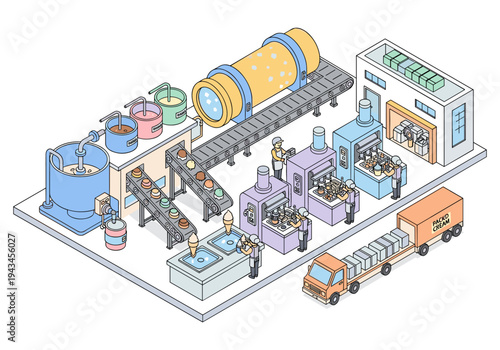 Isometric view of an automated ice cream production factory with workers and machinery