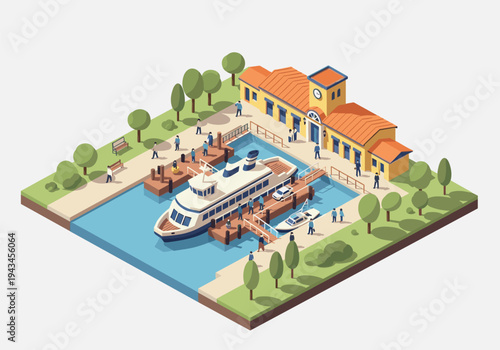 Isometric view of a bustling ferry terminal with passengers boarding a large ship and smaller boats