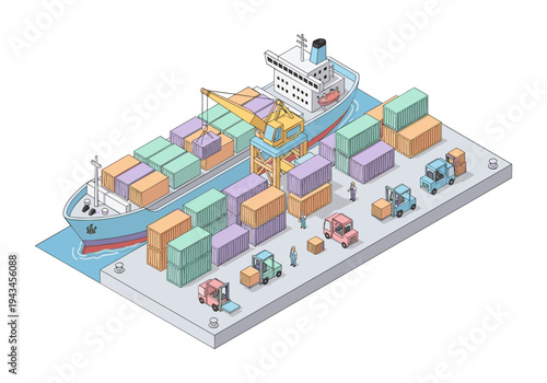 Isometric illustration of a busy shipping port with cargo ship and containers being loaded by crane