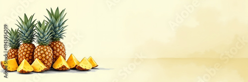 Ultra wide illustration of a pile of fresh pineapples arranged on the left side with soft watercolor background and large copy space, ideal for healthy food ads, menus, and header banners