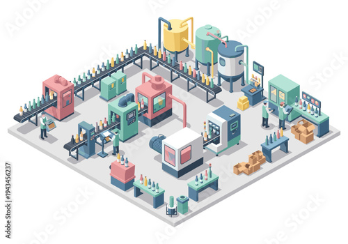 Modern automated beverage bottling factory with conveyor belts and machinery