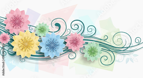 Creative vector background showing paper origami flowers being carried by stylized wind currents