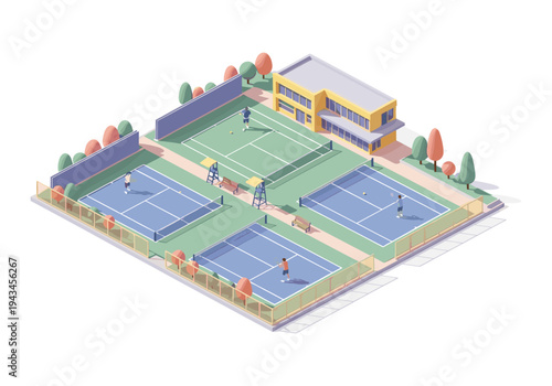 Isometric view of a tennis club with multiple courts and a building