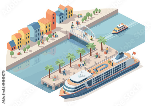 Isometric view of a bustling harbor with cruise ship, ferry, and people disembarking with luggage