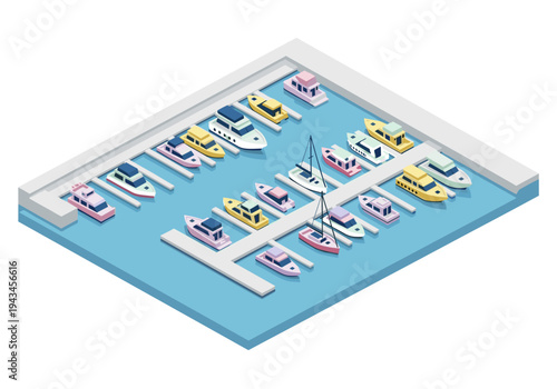 Isometric marina filled with colorful boats and yachts docked in calm blue water