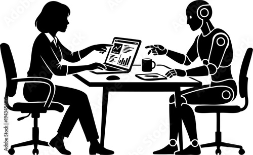 Businesswoman collaborating with AI robot on laptop, silhouette of human and humanoid robot analyzing data charts together vector