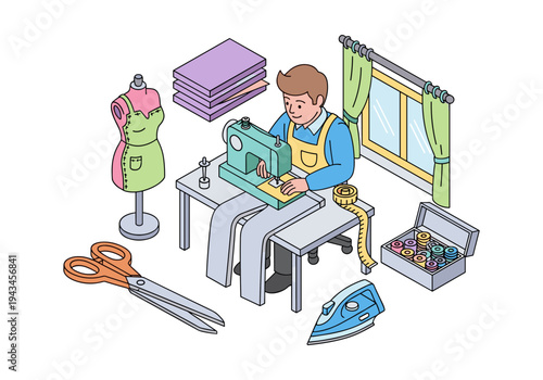 Tailor working at a sewing machine surrounded by sewing supplies and fabric in a bright studio