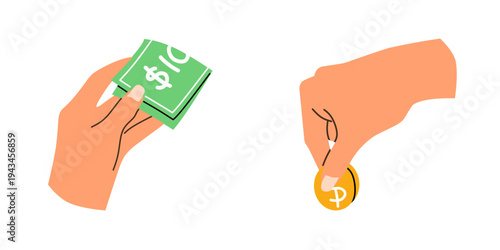 Flat vector design of hands holding dollar banknotes and coins