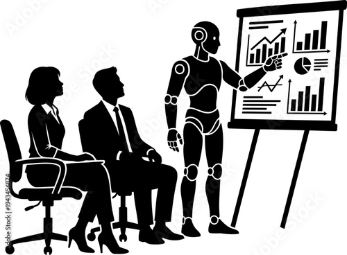 Robot giving business presentation to audience silhouette, AI humanoid showing data charts on whiteboard vector