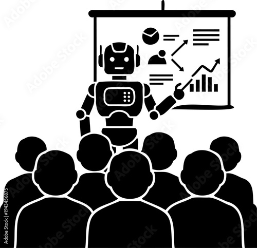 Robot giving presentation to audience on whiteboard, silhouette of AI robot explaining data charts to group of people vector