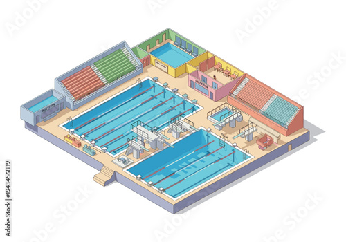 Isometric view of a modern swimming pool complex with multiple pools and spectator seating