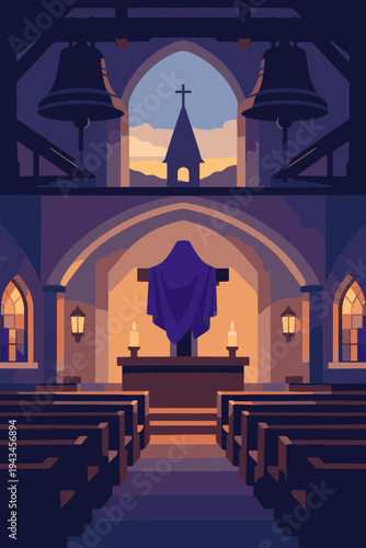 Silent Church Bells and Covered Crucifix on Holy Saturday