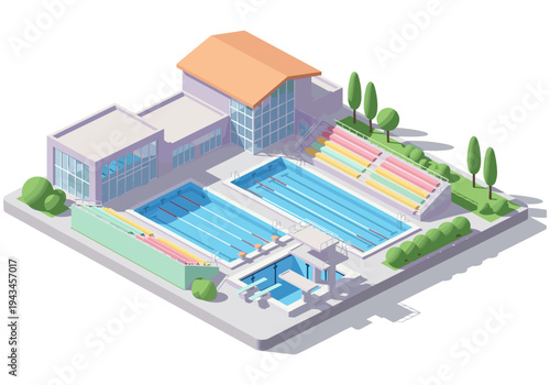 Isometric view of a modern swimming complex with multiple pools and spectator seating