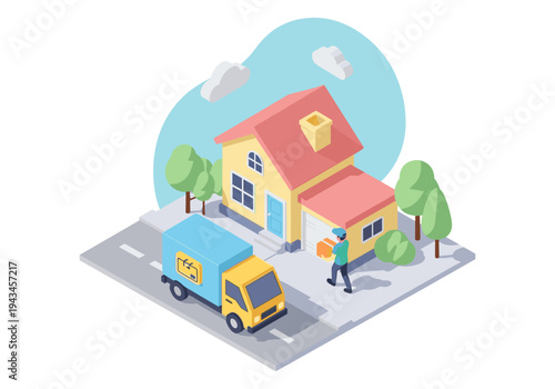 Delivery driver brings package to suburban house in isometric illustration