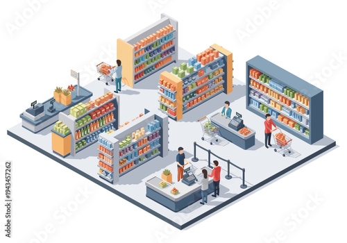 Isometric supermarket interior with shoppers and checkout counters, aisles stocked with goods