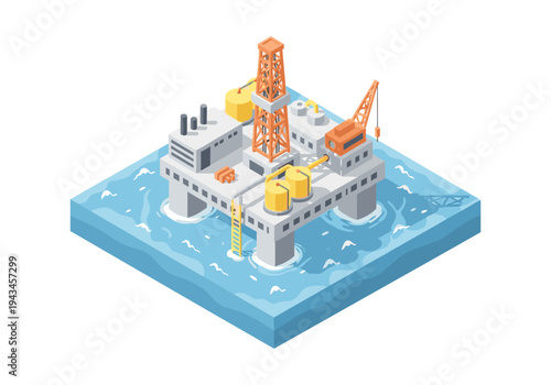 Isometric offshore oil drilling rig platform in the ocean with crane and derricks
