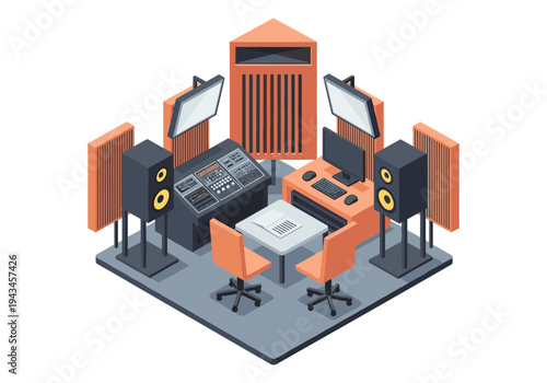 Modern isometric recording studio setup with audio equipment and monitors