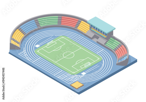 Isometric stadium with soccer field and running track, vibrant seating and modern architecture