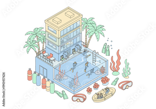 Isometric illustration of a modern building with a swimming pool for scuba diving training