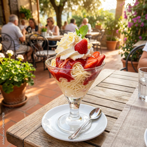 Spaghetti Ice Cream Sundae on Outdoor Cafe Table