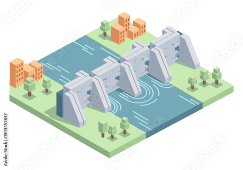 Isometric illustration of a modern dam controlling a river with a small city nearby