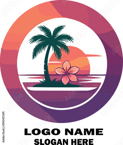 topical flower sunset plam tree beach scene circle logo icon vector white background