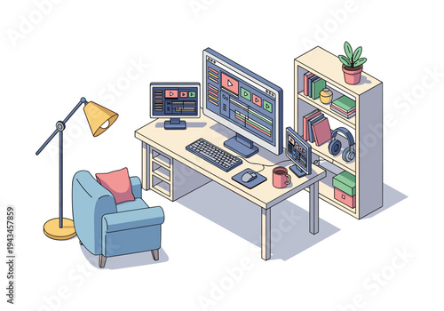Modern isometric home office setup with multiple monitors and editing software