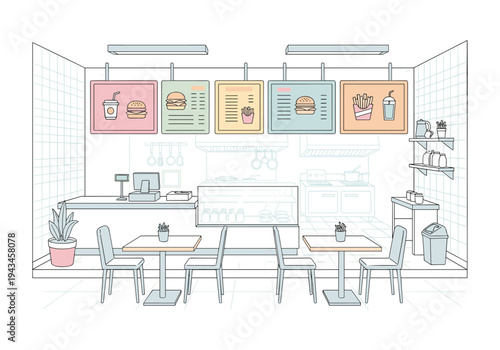 Clean line art illustration of a modern fast food restaurant interior with menu boards