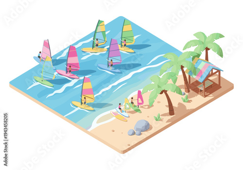 Isometric view of people windsurfing and relaxing on a tropical beach with palm trees