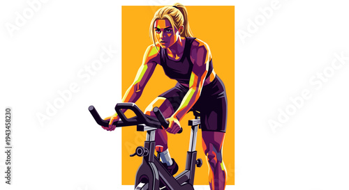 Young woman cycling on stationary bike with determined expression  
