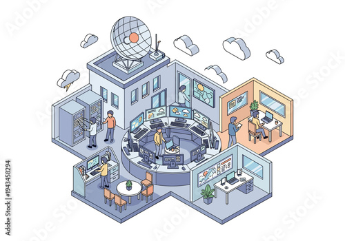 Isometric view of a modern weather forecasting center with multiple workstations and a satellite dish