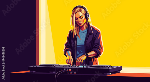 Female DJ mixing music in vibrant studio with yellow background  