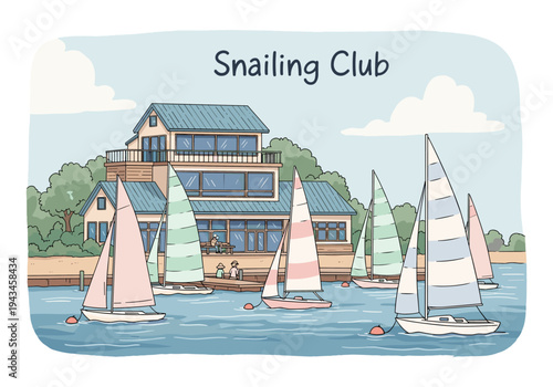 Sailing club with sailboats on the water and a modern building in the background