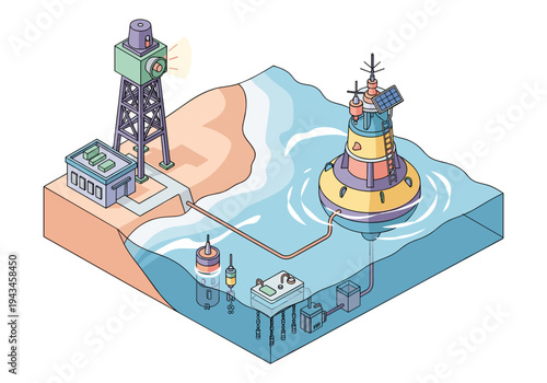 Isometric illustration of a marine monitoring station with buoys and a lighthouse tower