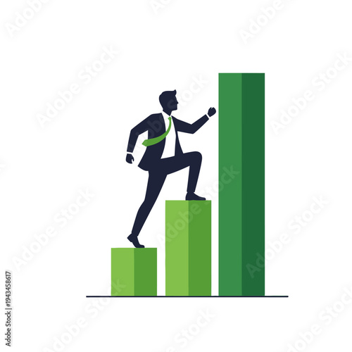 A man in a suit climbing up a green bar chart, symbolizing business growth and career progression.