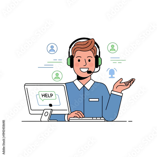 A friendly male customer service representative with a headset assisting clients online.
