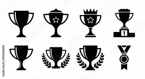 Achievement and Award Icon Set in Black Silhouette Style