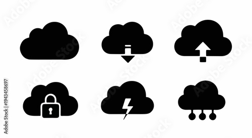 Cloud Computing and Data Storage Silhouette Icon Set