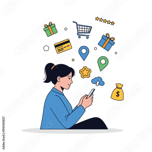 A woman using her smartphone with various e-commerce and online shopping icons floating around her, representing digital consumerism and mobile services.
