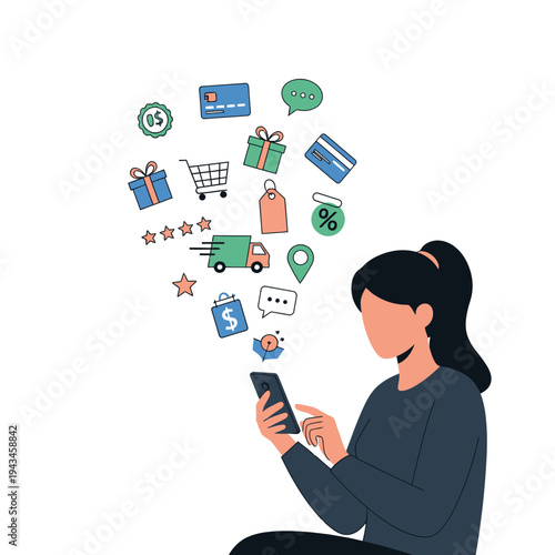 A woman using a smartphone with various e-commerce and online shopping icons floating out, representing digital transactions and mobile commerce.