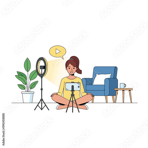 Young woman vlogger creating video content at home with smartphone, tripod, and ring light for social media streaming.