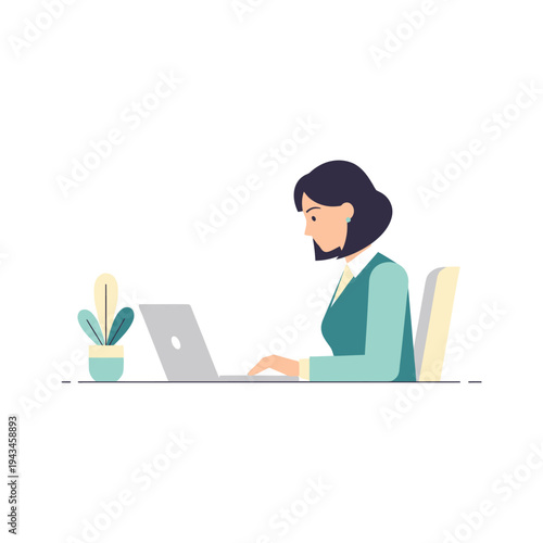 A minimalist illustration of a professional woman with dark hair working diligently on a laptop at a desk, with a small potted plant beside her.
