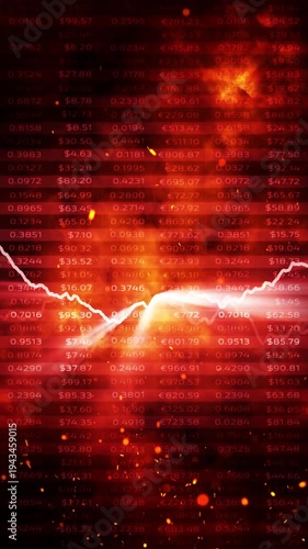 Burning financial data table with falling graph line and flames. Concept of market crash, financial crisis, economic collapse and destruction of business value. Vertical animation.