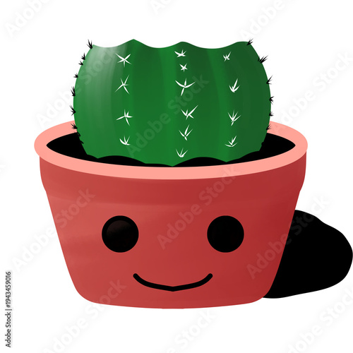 Cute cartoon cactus in a smiling red pot. Kawaii succulent character illustration, isolated PNG with transparent background. Minimalist flat vector for stickers, emoji, and nursery decor