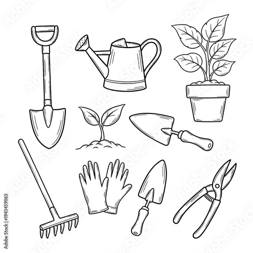 Hand-drawn sketch of various gardening tools and plants for horticulture activities.