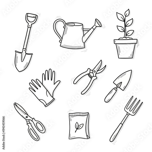 Hand-drawn sketch illustration of various essential gardening tools and equipment including a shovel, watering can, gloves, and plants.