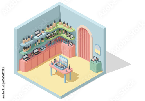 Isometric makeup store interior with shelves stocked with cosmetics and a display table