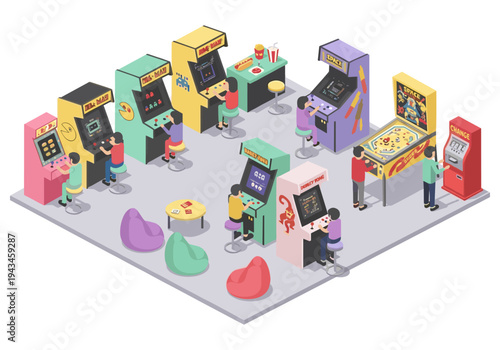 Retro arcade scene with people playing classic video games and pinball machines