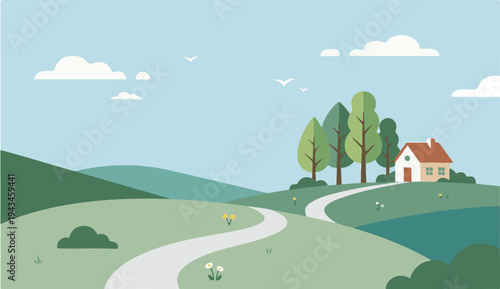 Flat vector countryside landscape illustration with a winding road leading to a small house surrounded by trees, hills, and a peaceful natural environment.